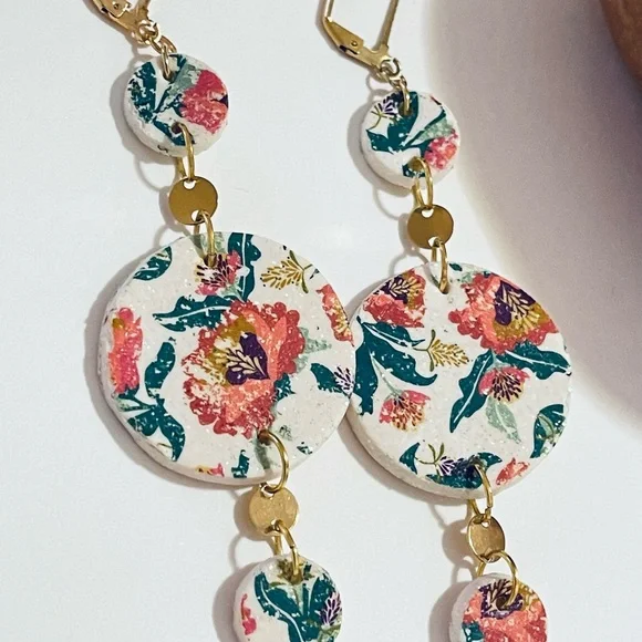 Handmade Floral Multi-Disk Dangle Earrings - White with Coral & Teal - Picture 4 of 4
